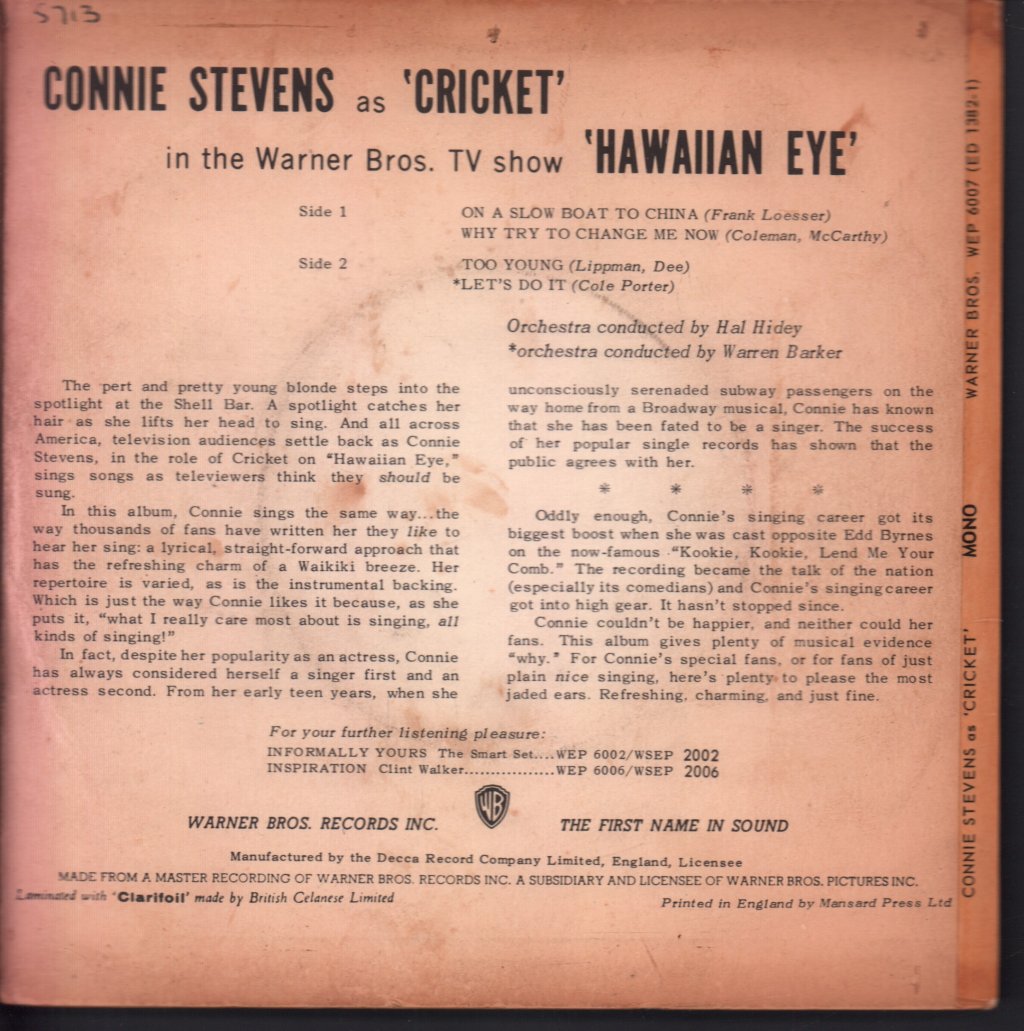 Connie Stevens - As "Cricket" In The Warner Bros. TV Show 'Hawaiian Eye' - 7 Inch