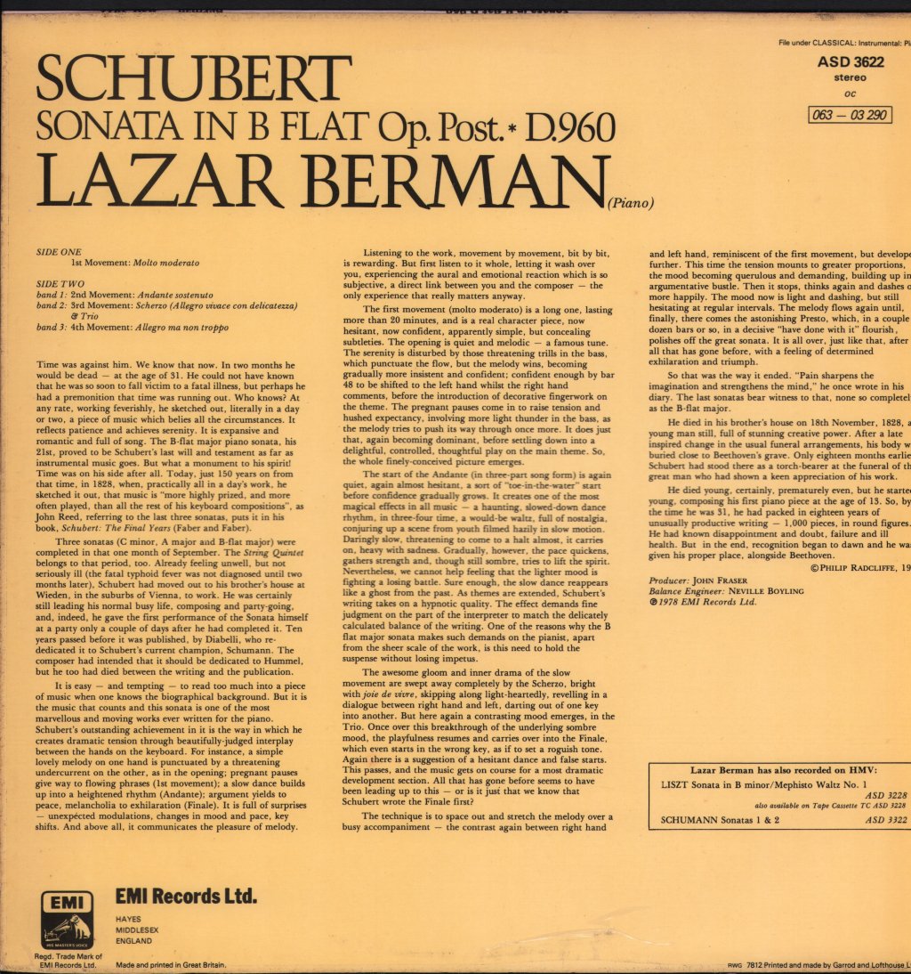 Lazar Berman - Schubert - Sonata In B Flat Op. Post., D. 960 - Lp