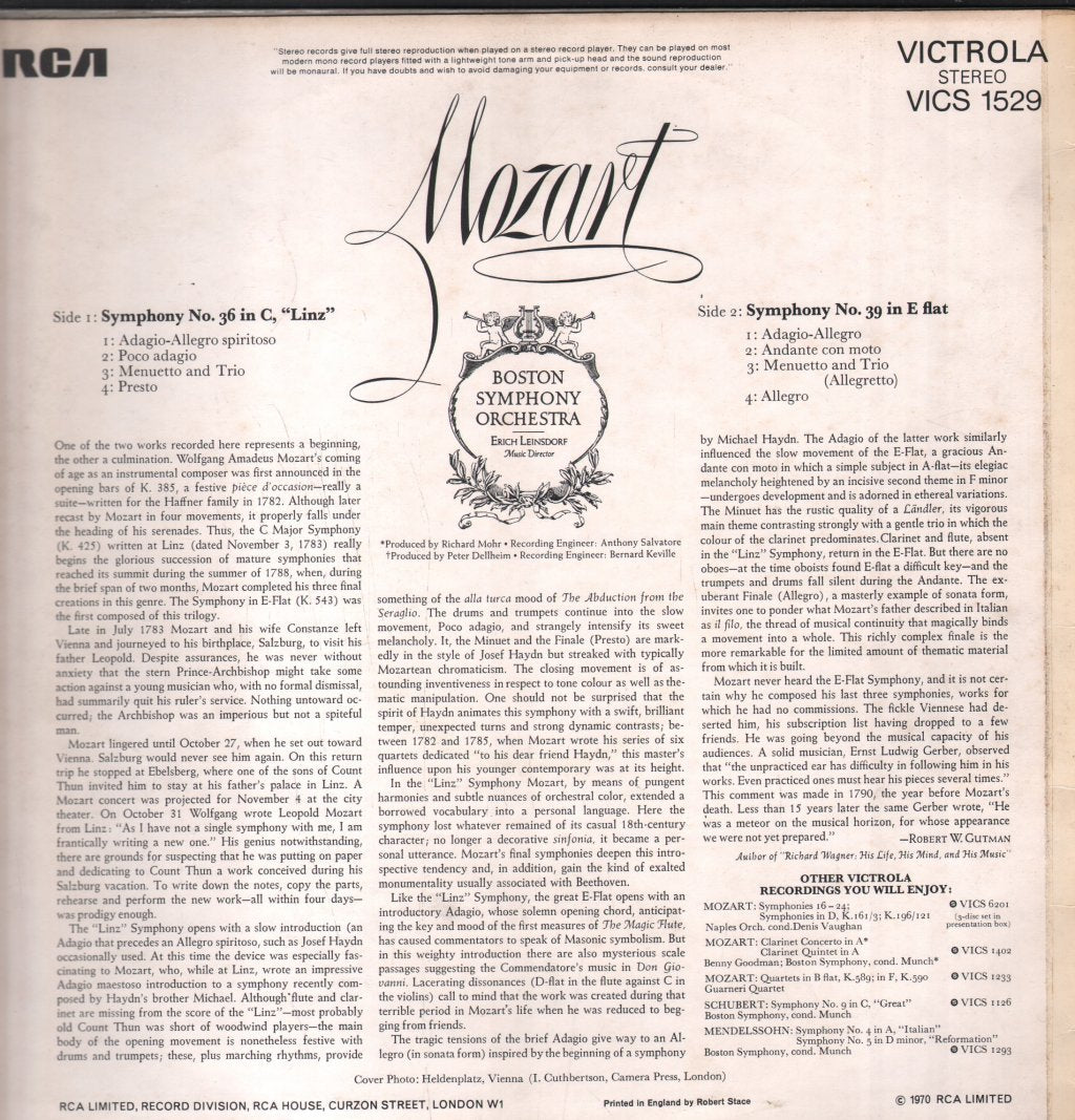 Erich Leinsdorf / Boston Symphony Orchestra - Mozart - Symphony No.36 In C / Symphony No.39 In E Flat - Lp