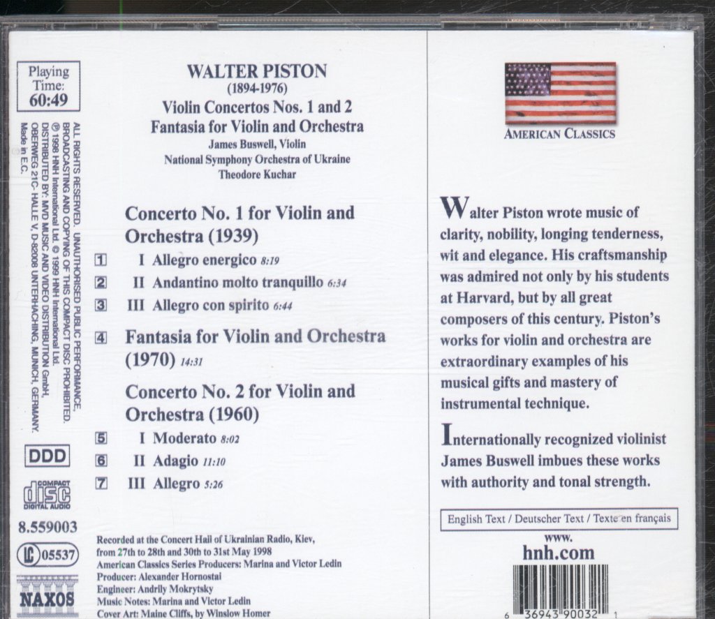 National Symphony Orchestra Of Ukraine, Theodore Kuchar - Walter Piston - Violin Concertos Nos. 1 And 2 • Fantasia For Violin And Orchestra - Cd