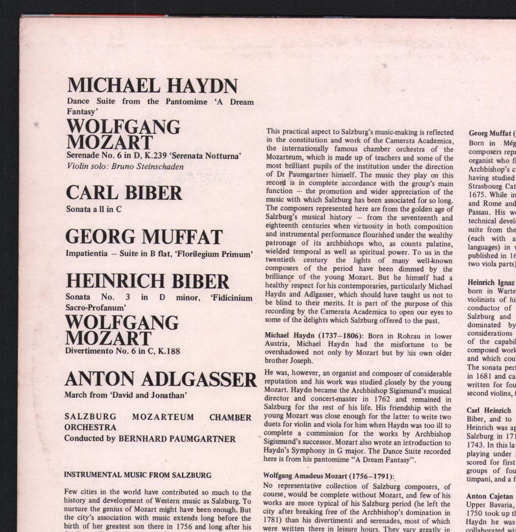 Salzburg Mozarteum Chamber Orchestra / Bernhard Paumgartner - Instrumental Music From Salzburg - Lp
