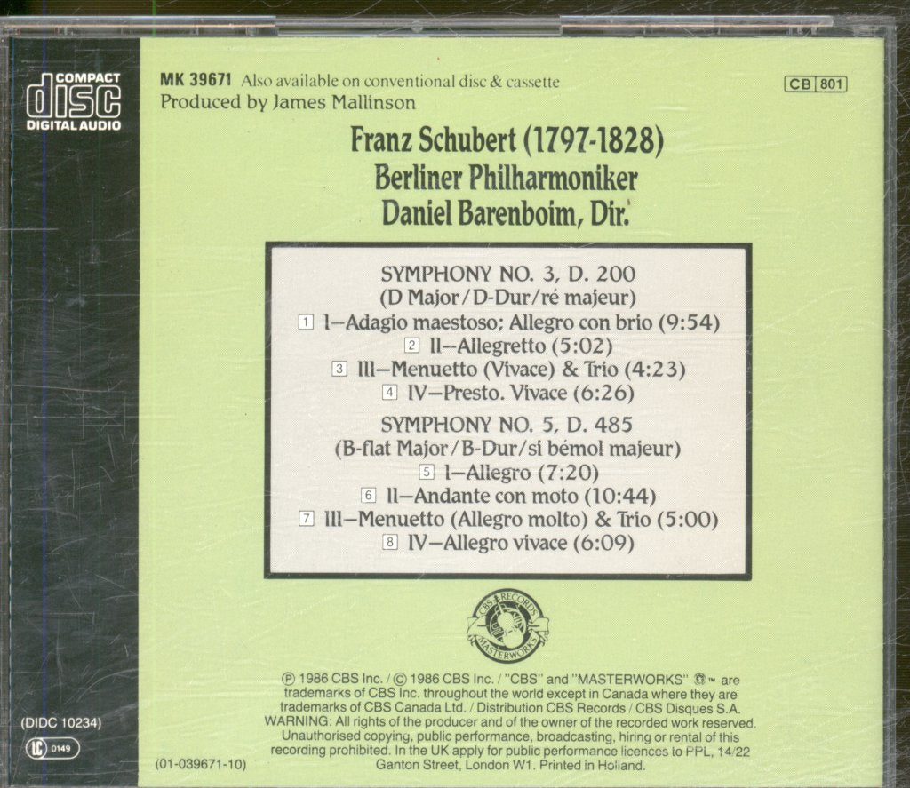 Berliner Philharmoniker, Daniel Barenboim - Schubert - Symphonies Nos. 3 & 5 - Cd