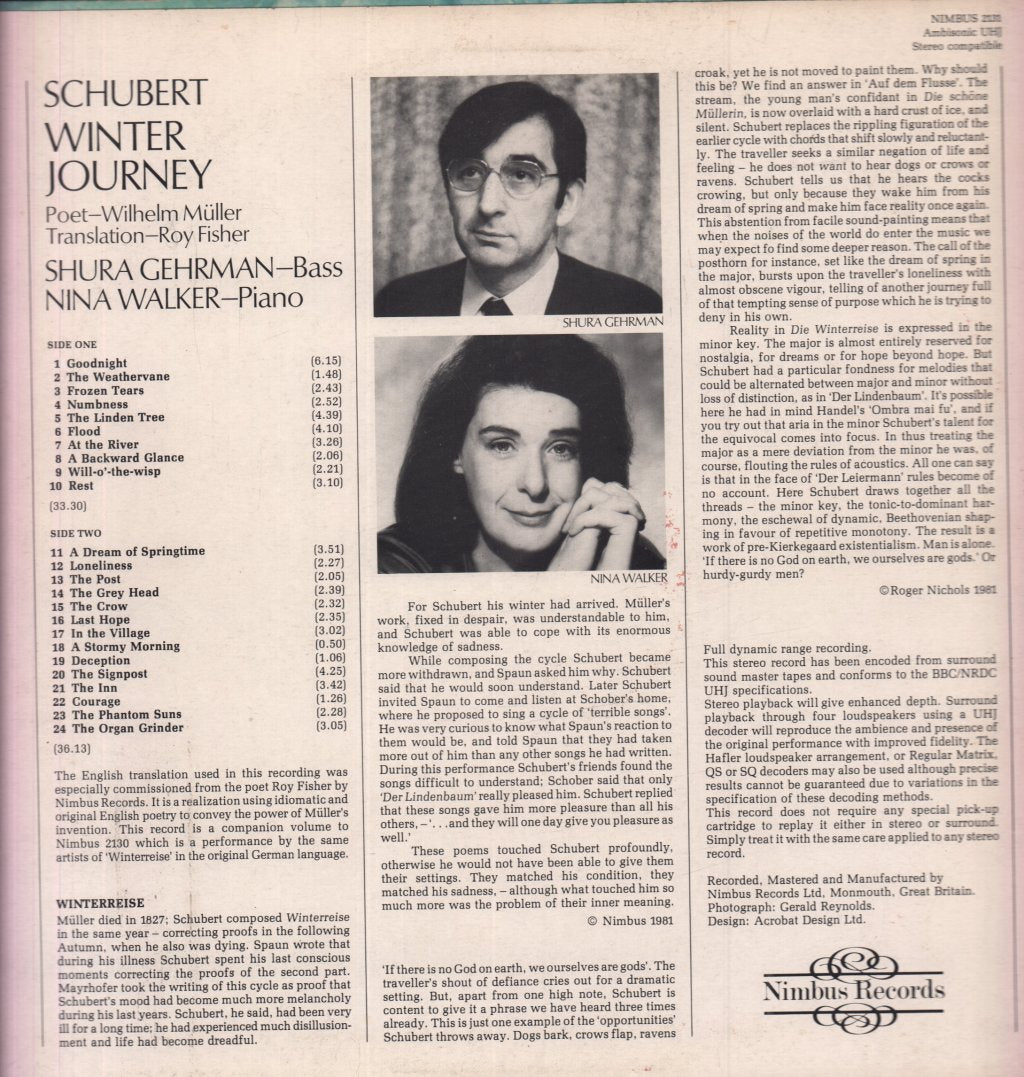 Shura Gehrman / Nina Walker - schubert Winter Journey - Lp