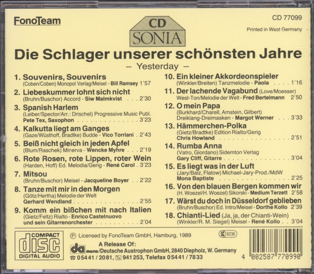 Various Artists - Die Schlager Unserer Schonster Jahre Yesterday - Cd