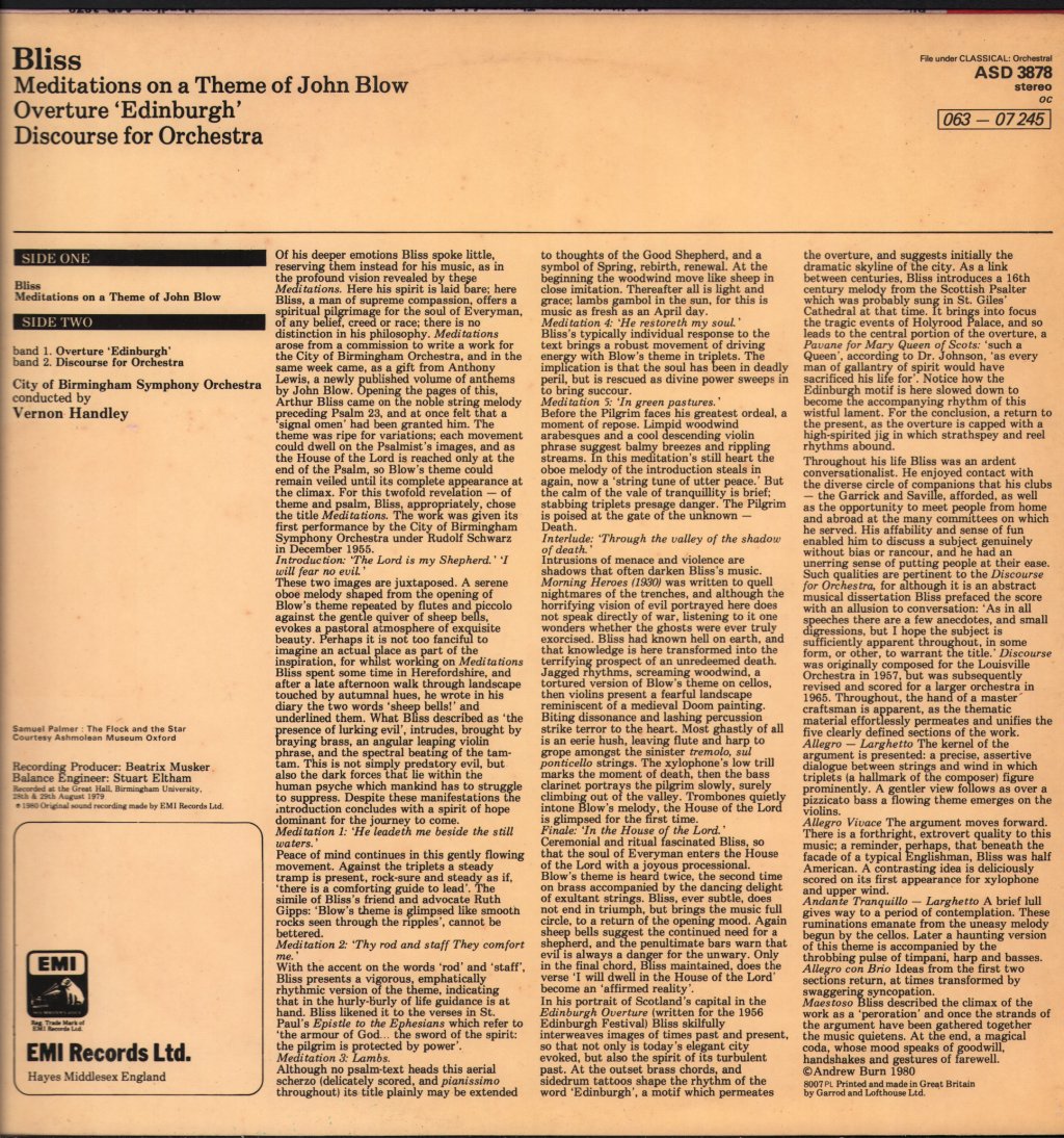 Vernon Handley / City Of Birmingham Symphony Orchestra - Bliss - Meditations On A Theme Of John Blow - Overture 'Edinburgh' - Discourse For Orchestra - Lp