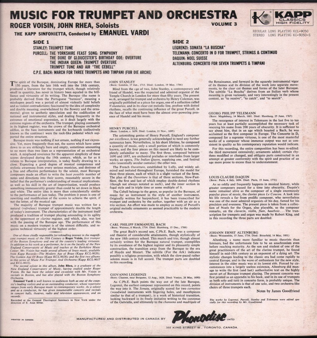 Roger Voisin / John Rhea / Kapp Sinfonietta / Emanuel Vardi - Music For Trumpet & Orchestra Vol. 3 - Lp