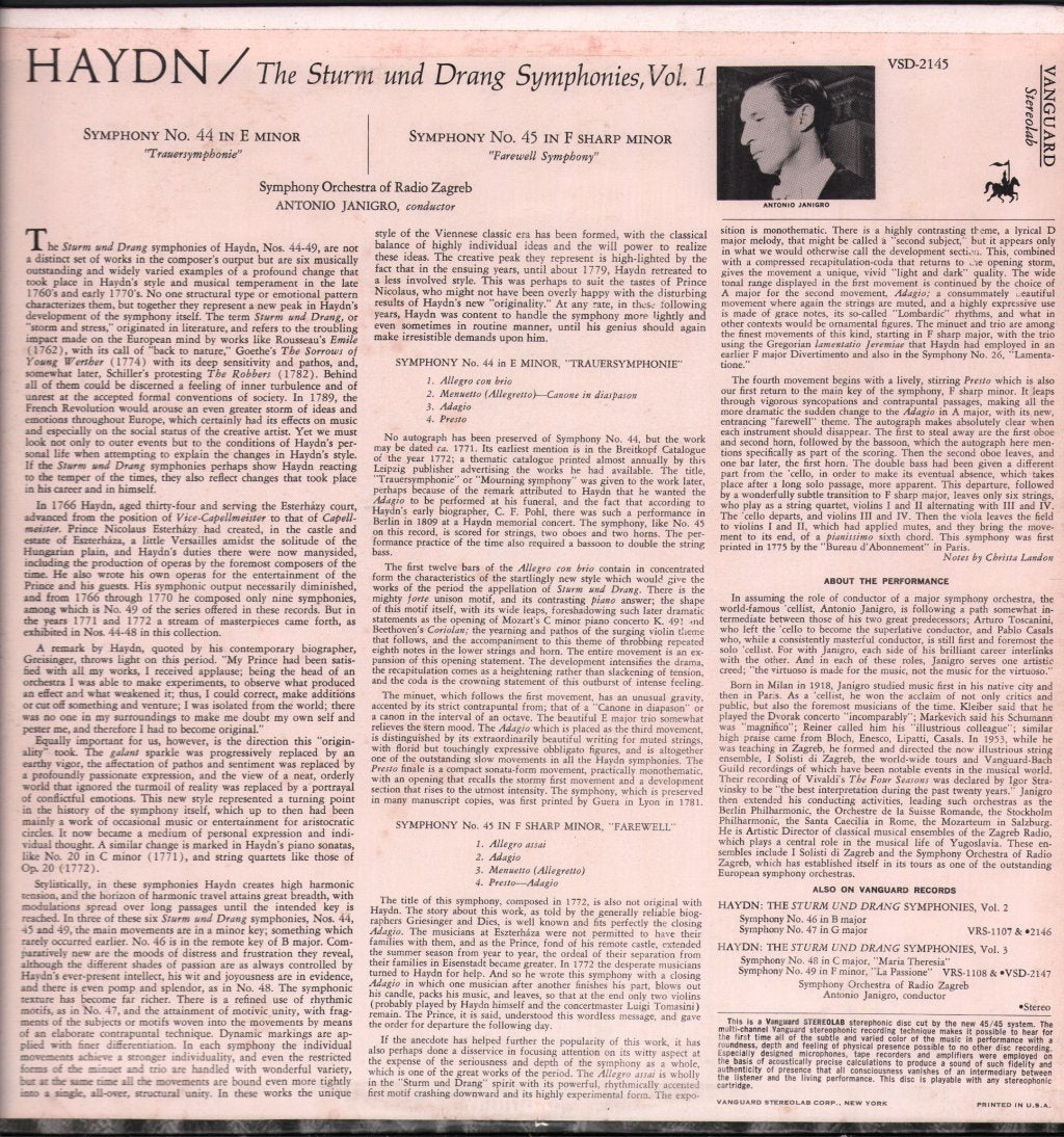 Symphony Orchestra Of Radio Zagreb / Antonio Janigro - Haydn - Sturm Und Drang Symphonies - Lp