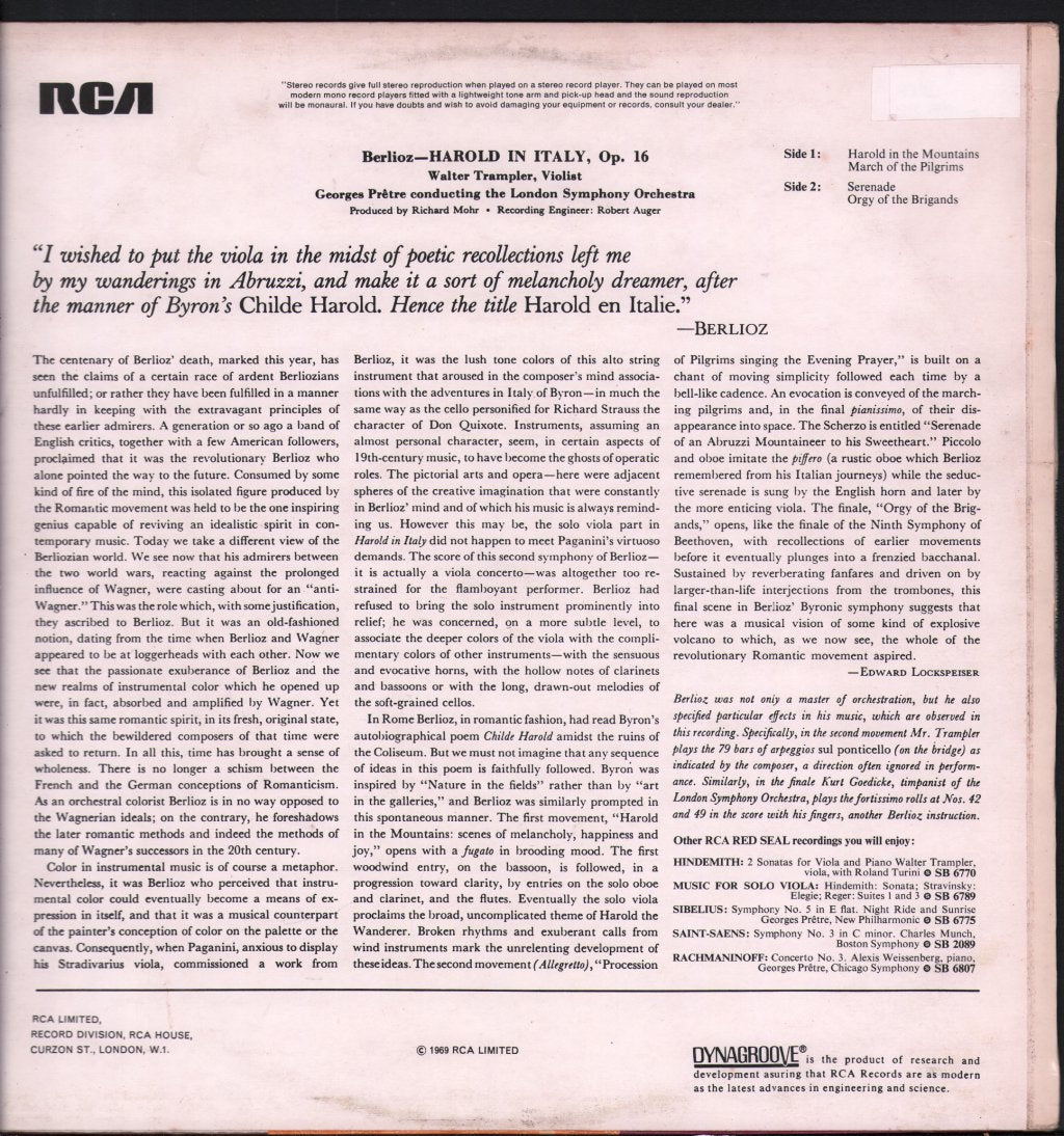 Walter Trampler / Georges Pretre / London Symphony Orch - Berlioz - Harold In Italy - Lp