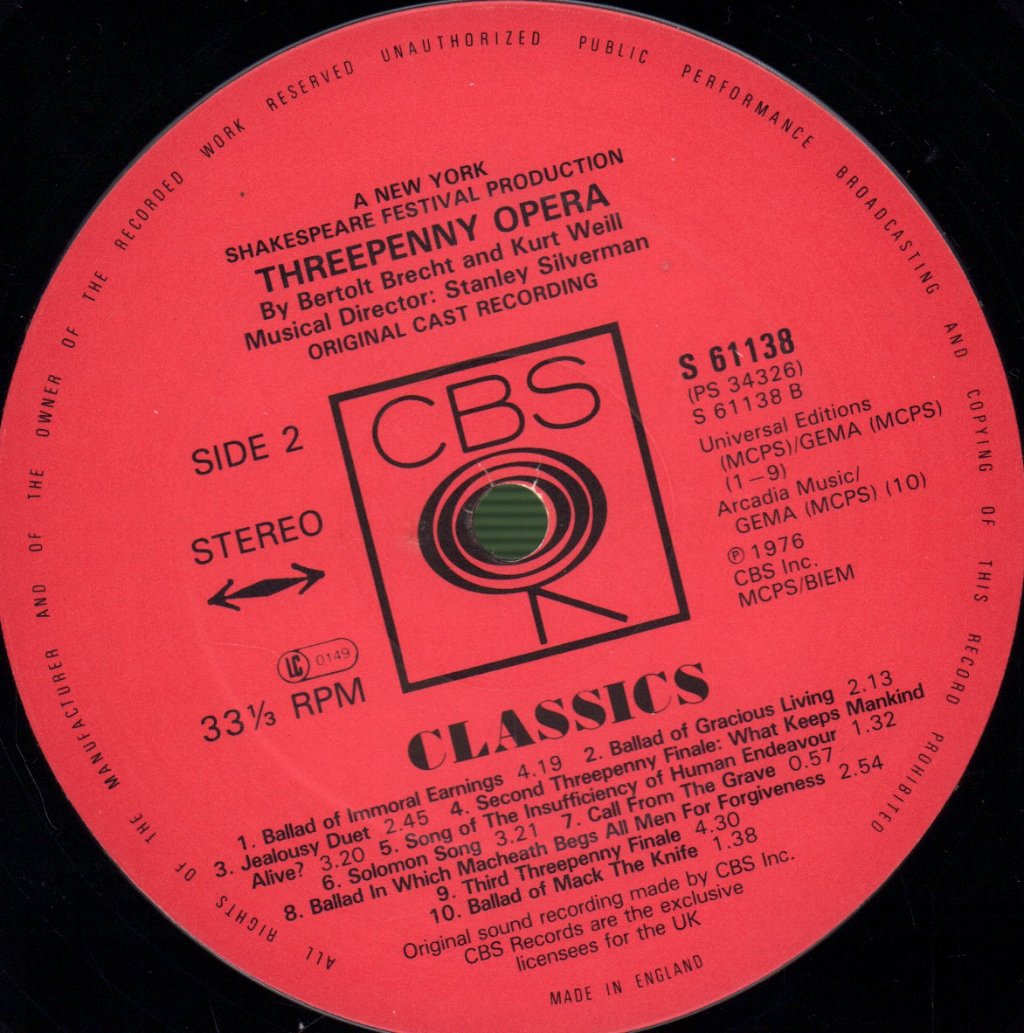 Kurt Weill And Bertolt Brecht - Threepenny Opera (Original Cast Recording) - Lp