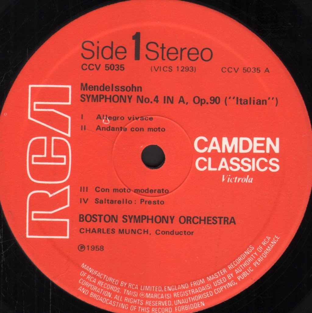 Charles Munch / Boston Symphony Orchestra - Mendelssohn - Symphony No. 4 In A 'Italian' / Symphony No. 5 In D Minor 'Reformation' - Lp