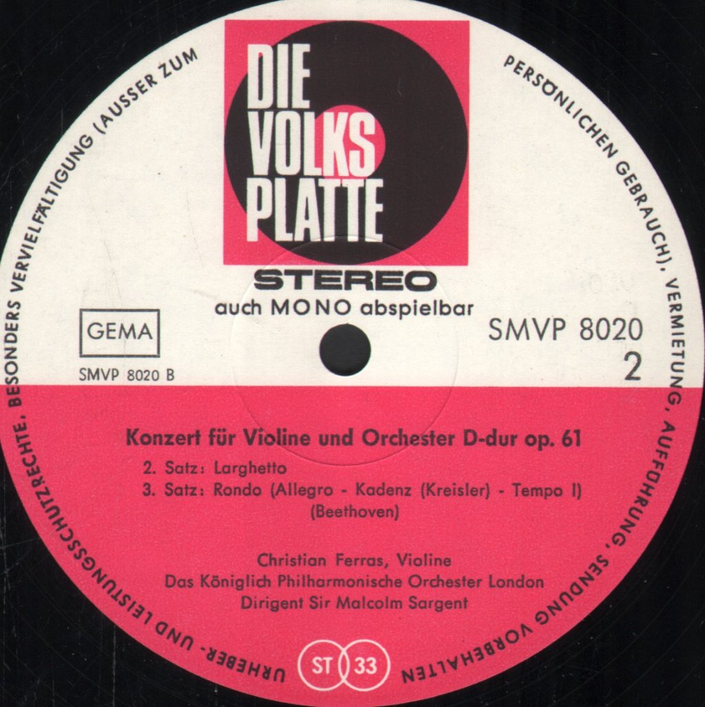Christian Ferras / Sir Malcolm Sargent - Beethoven - Violinkonzert D-Dur Op. 61 - Lp