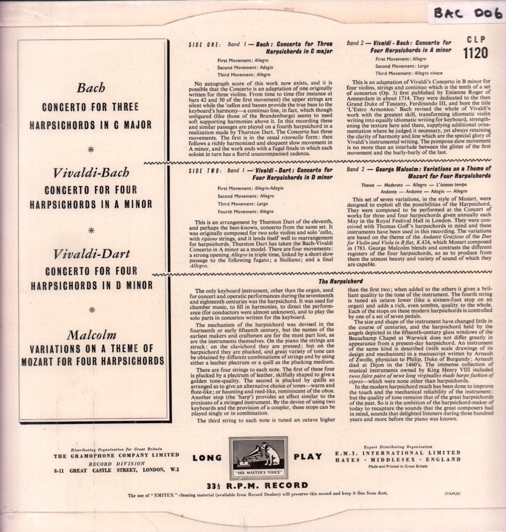 bach vivaldi malcolm - Music For Three And Four Harpsichords - Lp