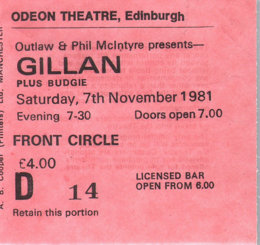 Gillan - Odeon Theatre Edinburgh 7th November 1981 - Ticket