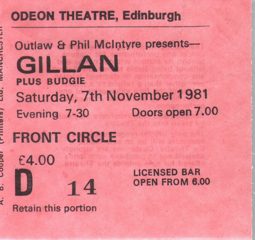 Gillan - Odeon Theatre Edinburgh 7th November 1981 - Ticket