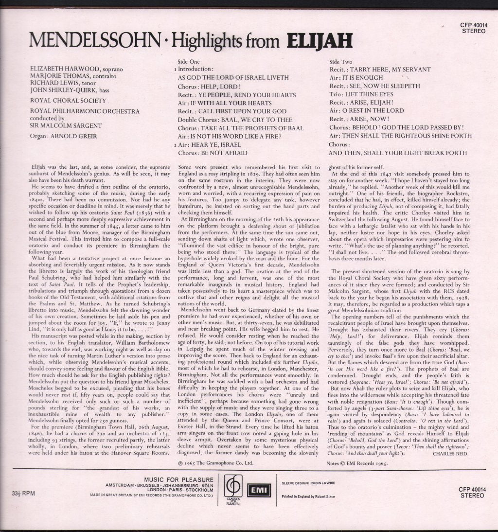 Elizabeth Harwood / Marjorie Thomas / Richard Lewis  / Royal Choral Society & Philharmonic Orchestra / Sir Malcolm Sargent - Mendelssohn - Highlights From Elijah - Lp