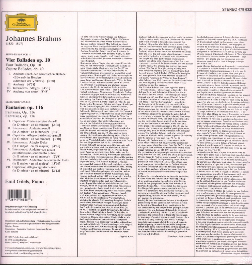 Emil Gilels - brahms Balladen Op. 10 Fantasien Op. 116 - Lp