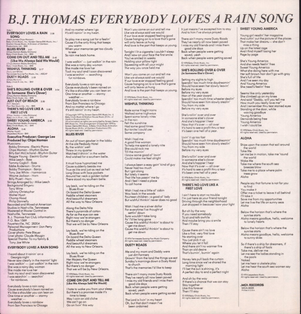 B.J.Thomas - Everybody Loves A Rain Song - Lp