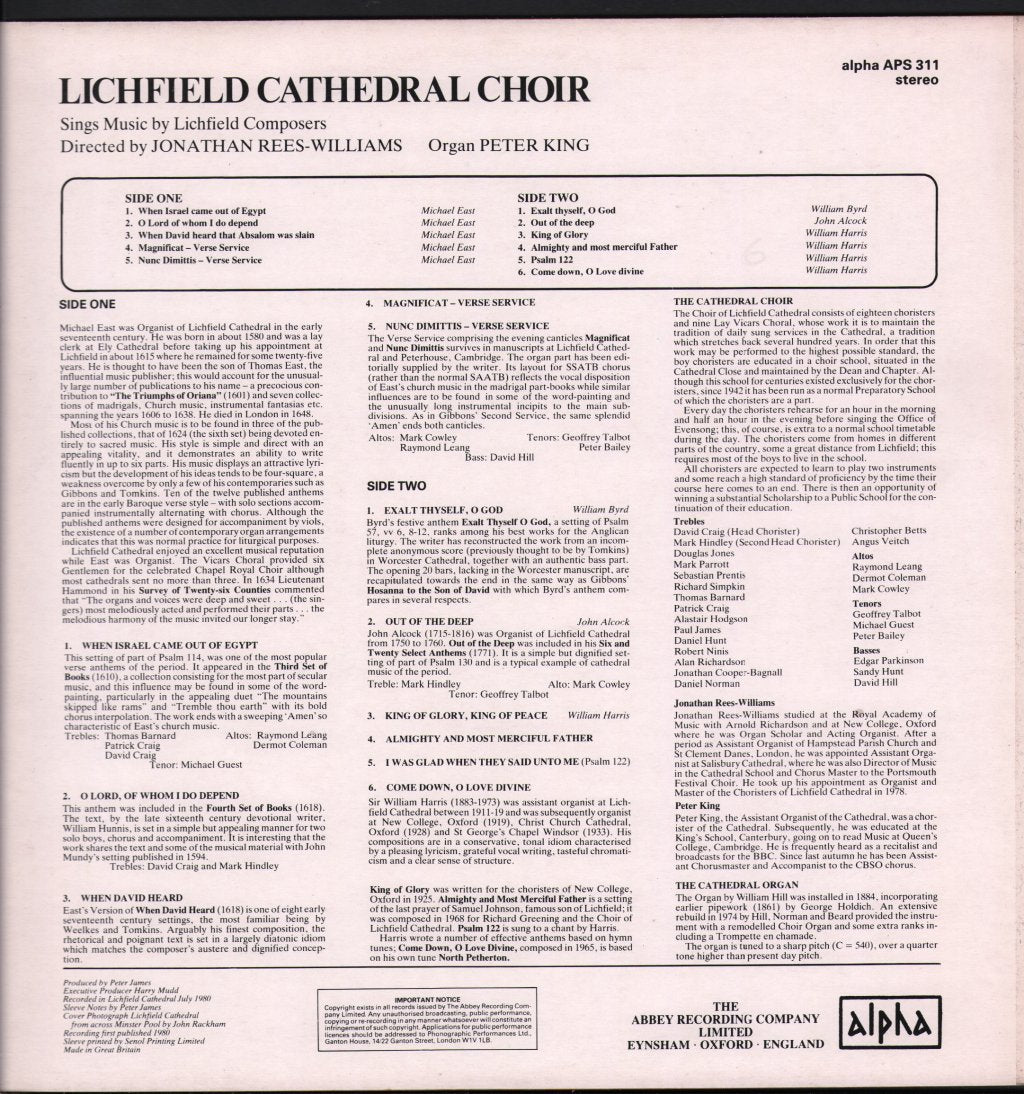 Lichfield Cathedral Choir / Jonathan Rees-Williams - Sings Music By Lichfield Composers - Lp