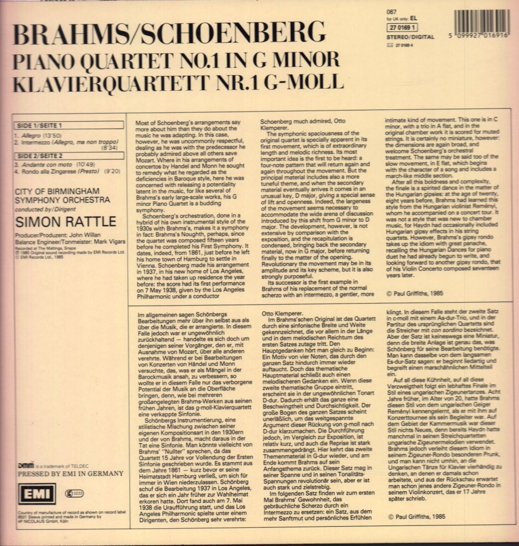 Simon Rattle / City Of Birmingham Symphony Orchestra - Brahms / Schoenberg - Piano Quartet No.1 In G Minor - Lp