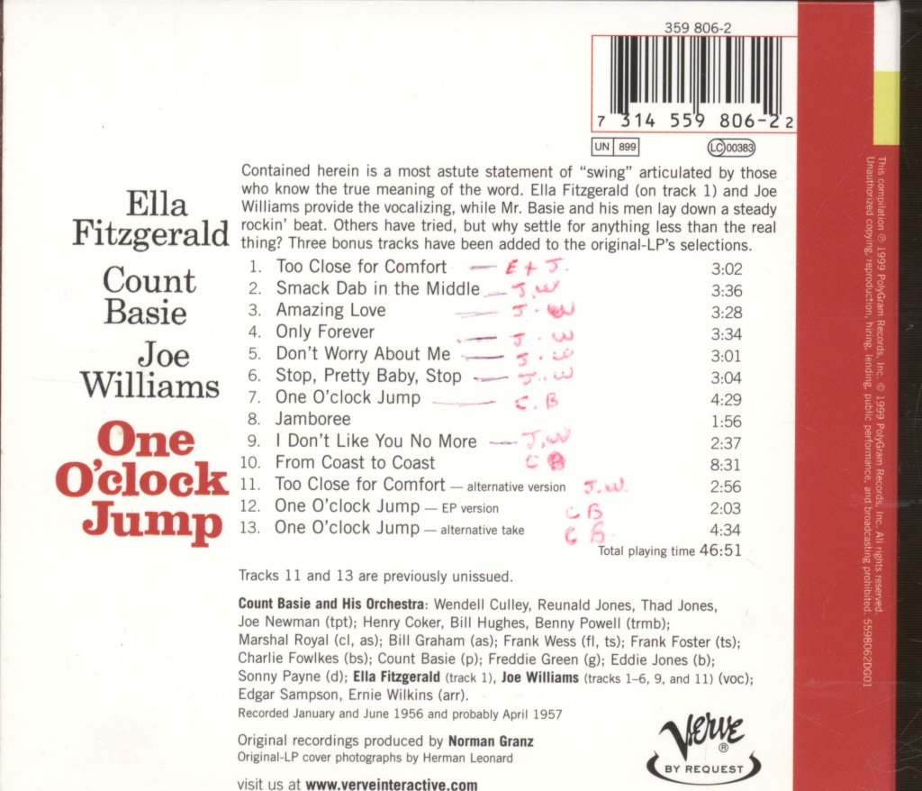 Ella Fitzgerald, Count Basie, Joe Williams - One O'Clock Jump - Cd