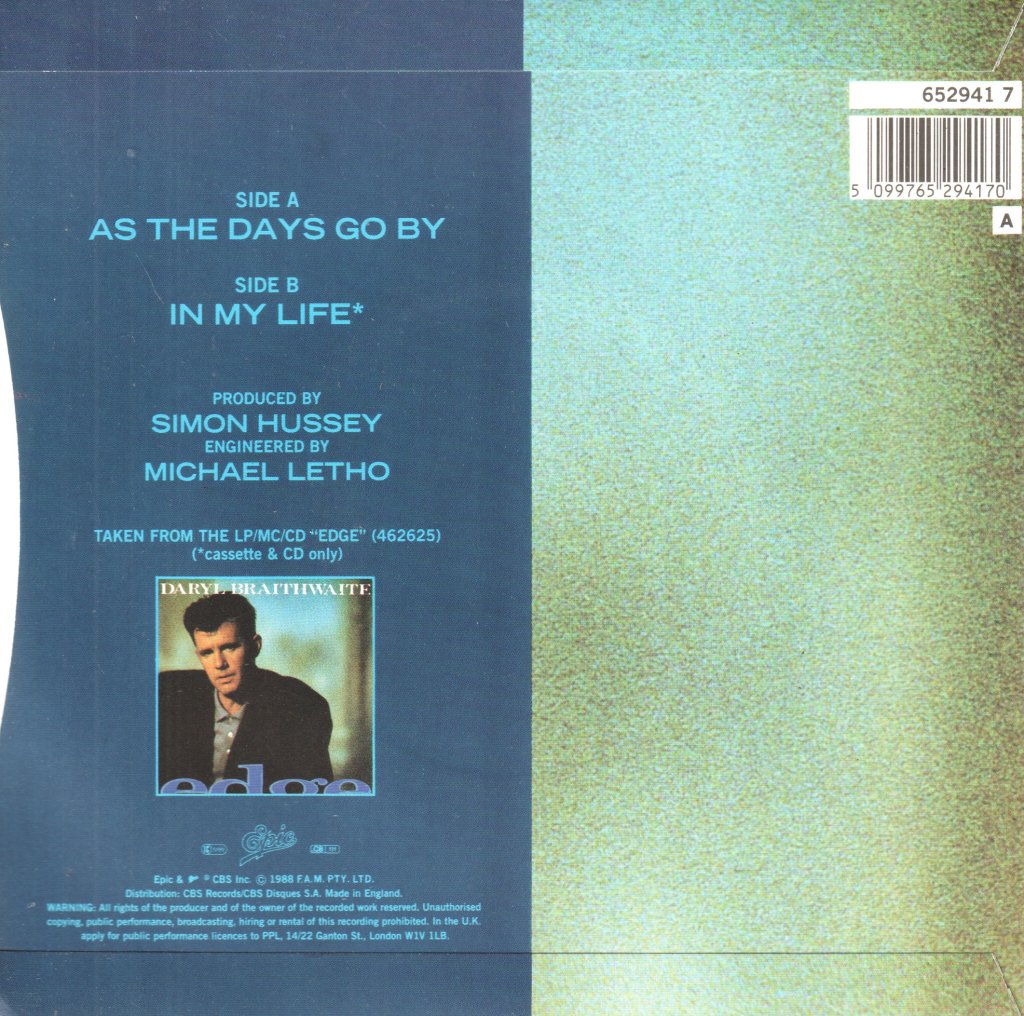 Daryl Braithwaite - As The Days Go By - 7 Inch