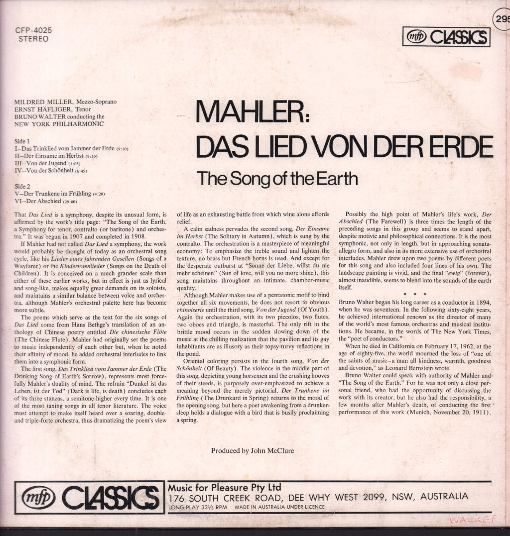 New York Philharmonic - mahler Das Lied Von Der Erde - Lp