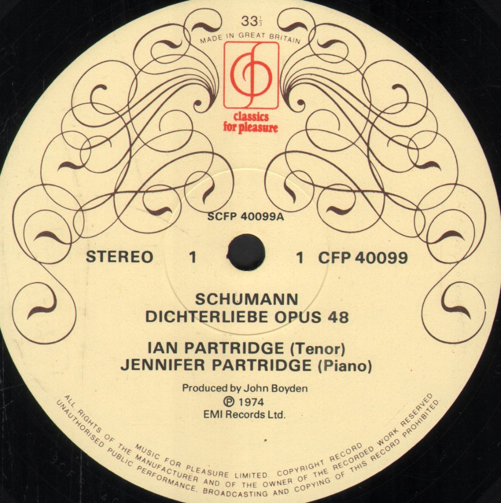 Ian Partridge / Jennifer Partridge - Ian Partridge sings Schumann's Dichterliebe, Op. 48 and Liederkreis, Op. 39, Jennifer Partridge, Piano - Lp