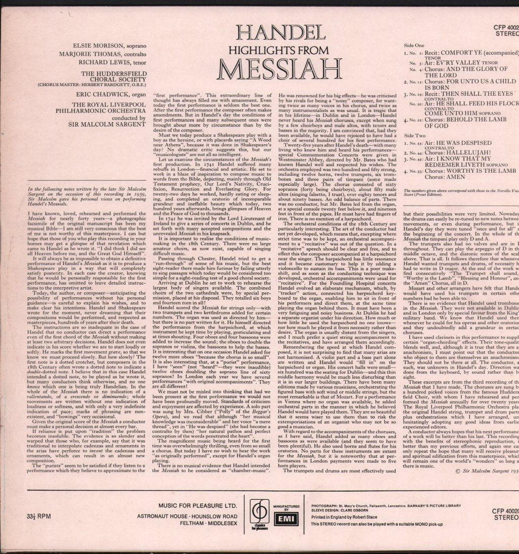 Huddersfield Choral Society / Sir Malcolm Sargent - Handel - Highlights From Messiah - Lp