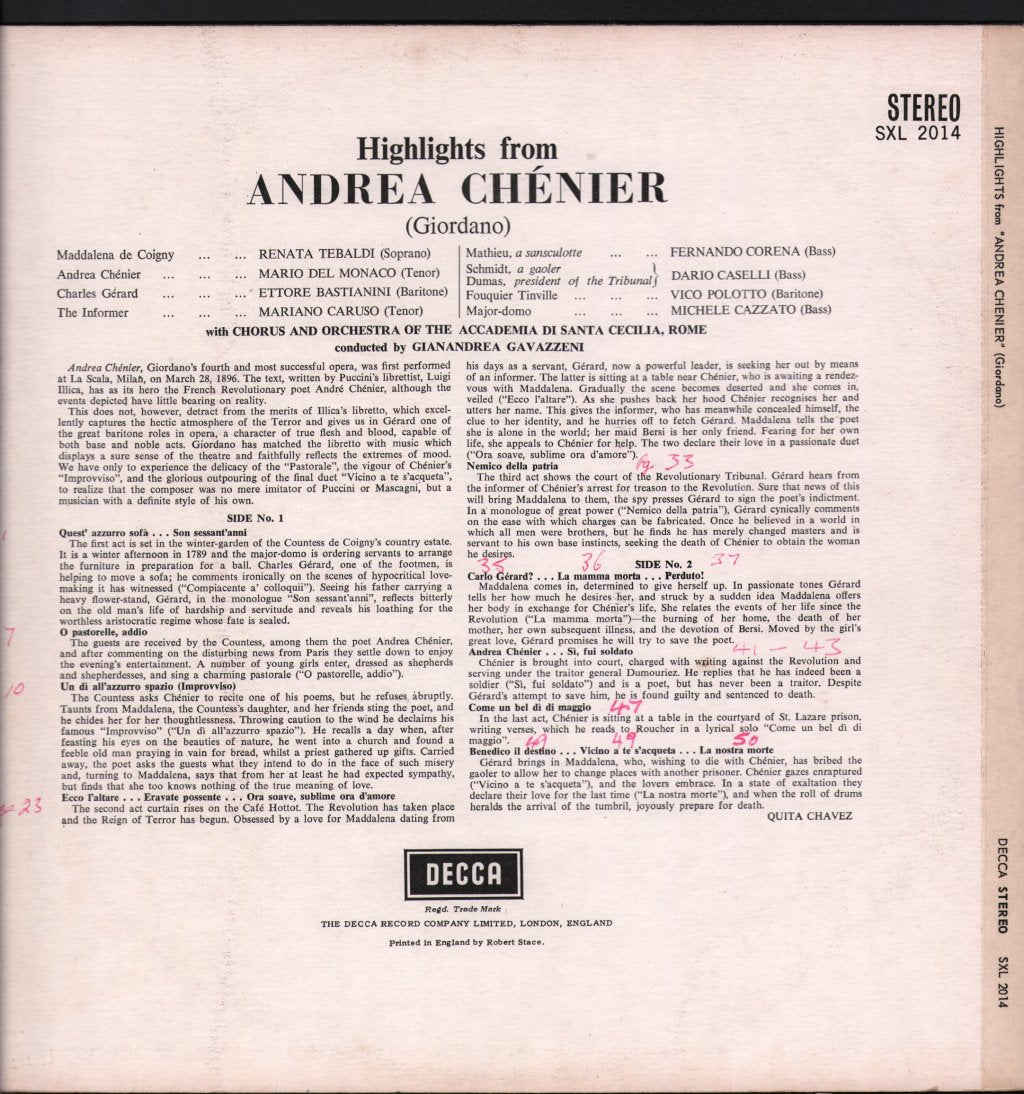 Mario Del Monaco / Renata Tebaldi / Ettore Bastianini / Gianandrea Gavazzeni - Andrea Chénier - Highlights - Lp