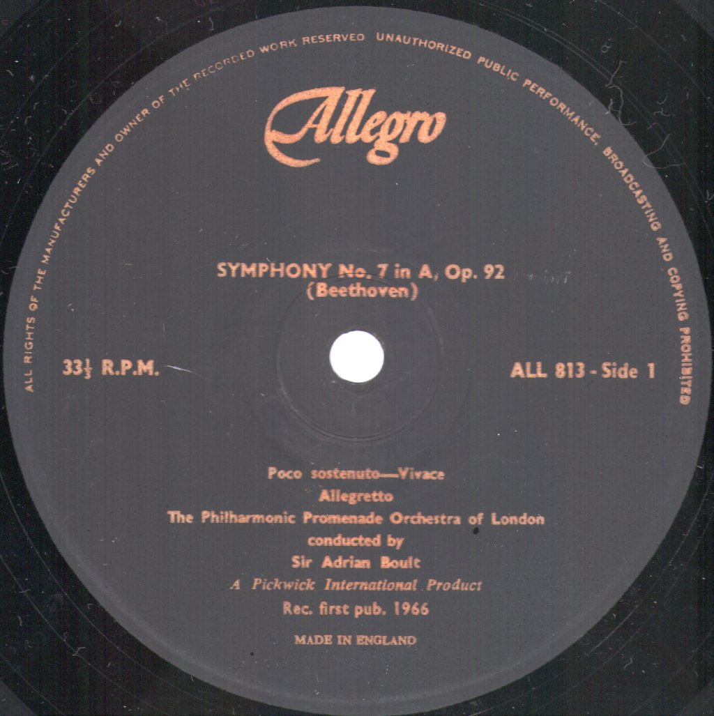Sir Adrian Boult / Philharmonic Promenade Orchestra Of London - Beethoven Symphony No.7 in A - Lp