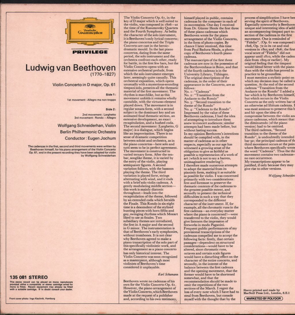 Wolfgang Schneiderhan / Berlin Philharmonic / Eugen Jochum - Beethoven - Violin Concerto In D Major Op.61 - Lp