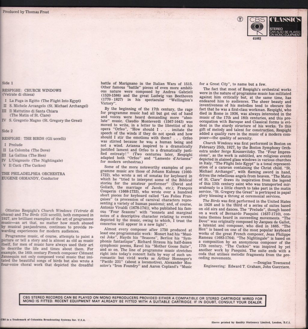 Eugene Ormandy / Philadelphia Orchestra - Respighi - Birds, Church Windows - Lp