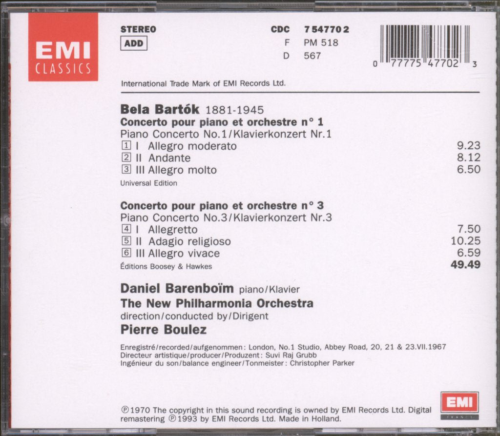 New Philharmonia Orchestra, Daniel Barenboim - Bela Bartok - Concertos Pour Piano - Cd