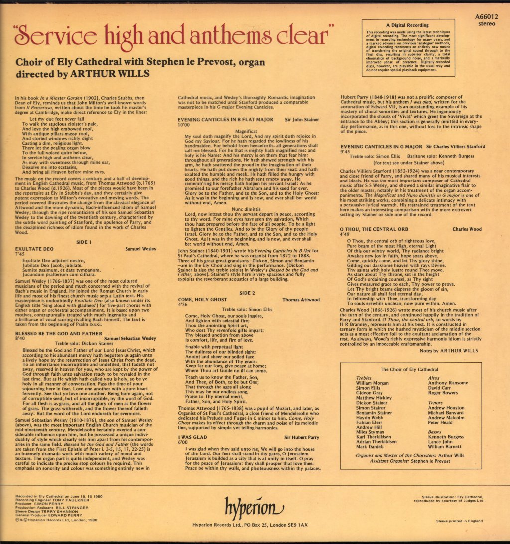 Choir Of Ely Cathedral With Stephen le Prevost / Arthur Wills - Service High And Anthems Clear - Lp
