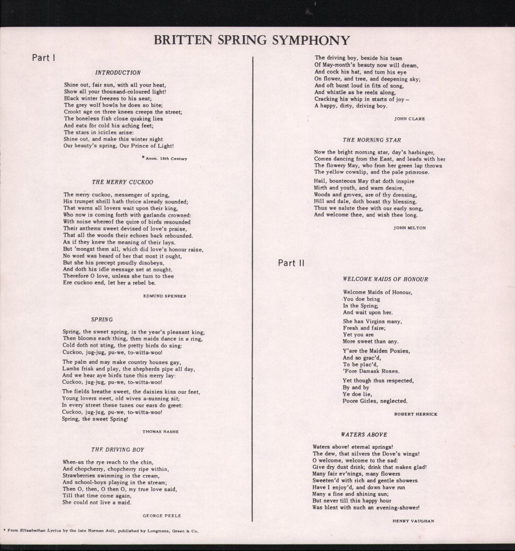 Benjamin Britten / Jennifer Vyvyan / Norma Procter / Peter Pears / Orchestra Of The Royal Opera House, Covent Garden - Benjamin Britten - Spring Symphony - Lp