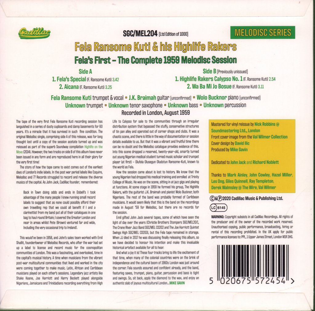 Fela Kuti & His Highlife Rakers - Fela's First - The Complete 1959 Melodisc Session - 10 Inch