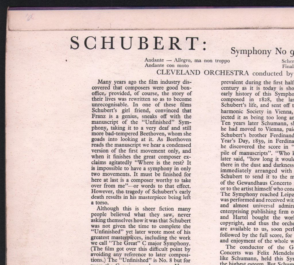 George Szell / Cleveland Symphony Orchestra - Schubert Symphony No. 9 'The Great' In C-Major - Lp