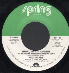 Paul Evans - Hello This Is Joannie - 7 Inch