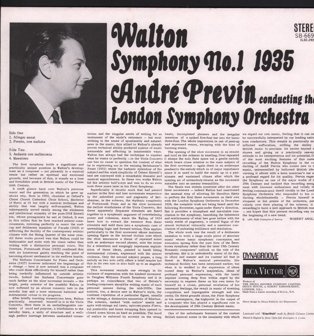 Andre Previn / London Symphony Orchestra - Walton - Symphony No.1 - Lp