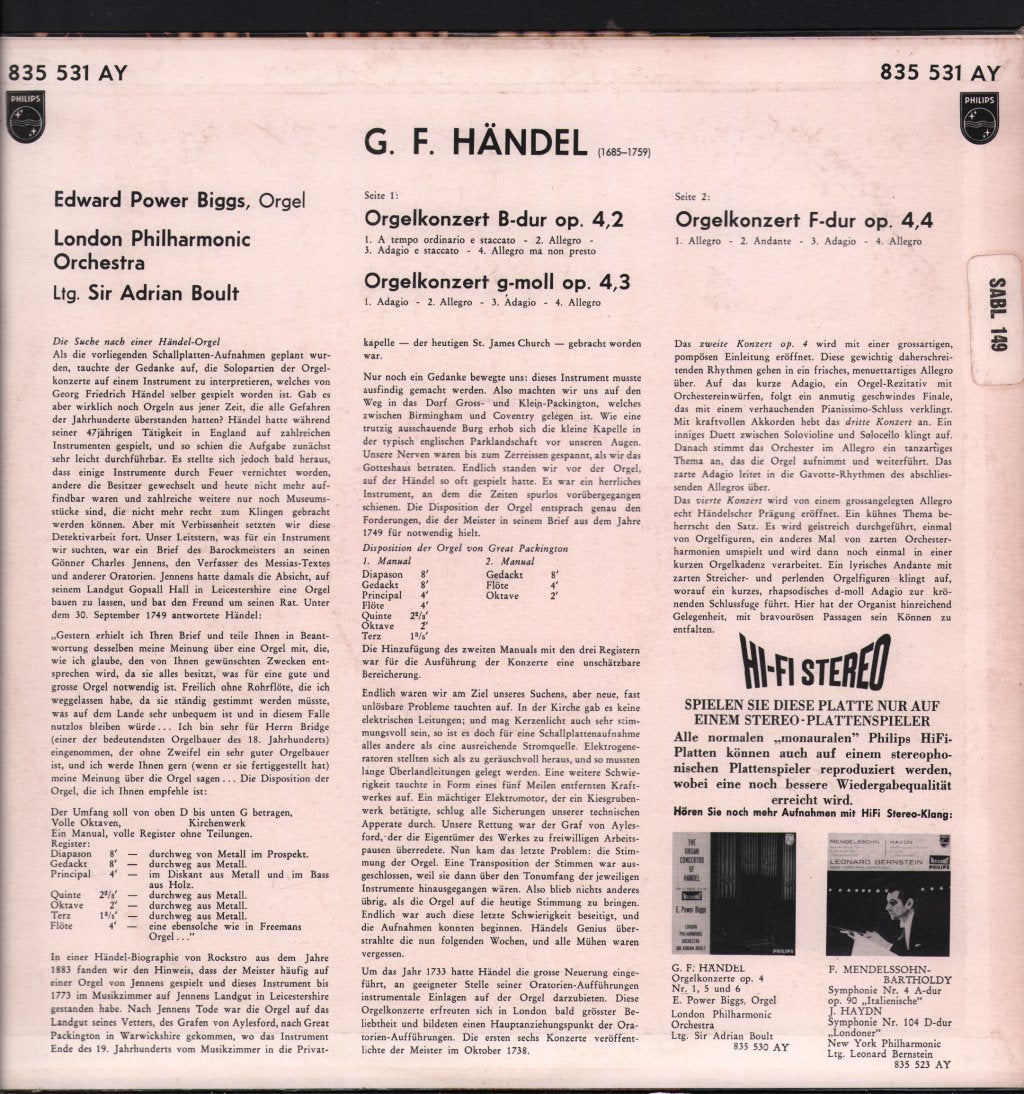 E. Power Biggs / Sir Adrian Boult / London Philharmonic Orchestra - Organ Concertos Of Handel (Op. 4 Nos. 2, 3, 4) - Lp