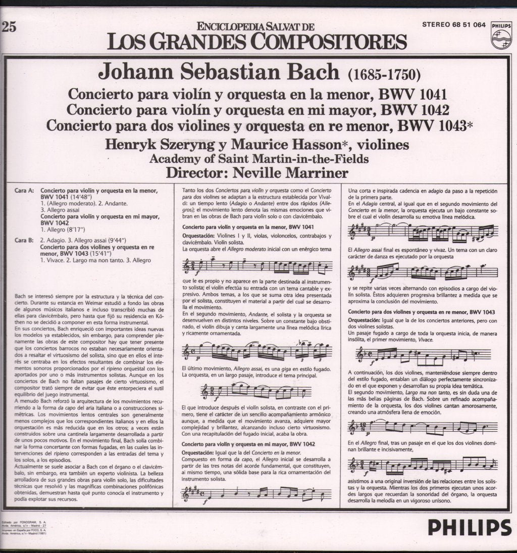 Neville Marriner / Academy Of St. Martin In The Fields - J.S. Bach - Concertos de Violino, BWV 1041 e BWV 1042 - Lp