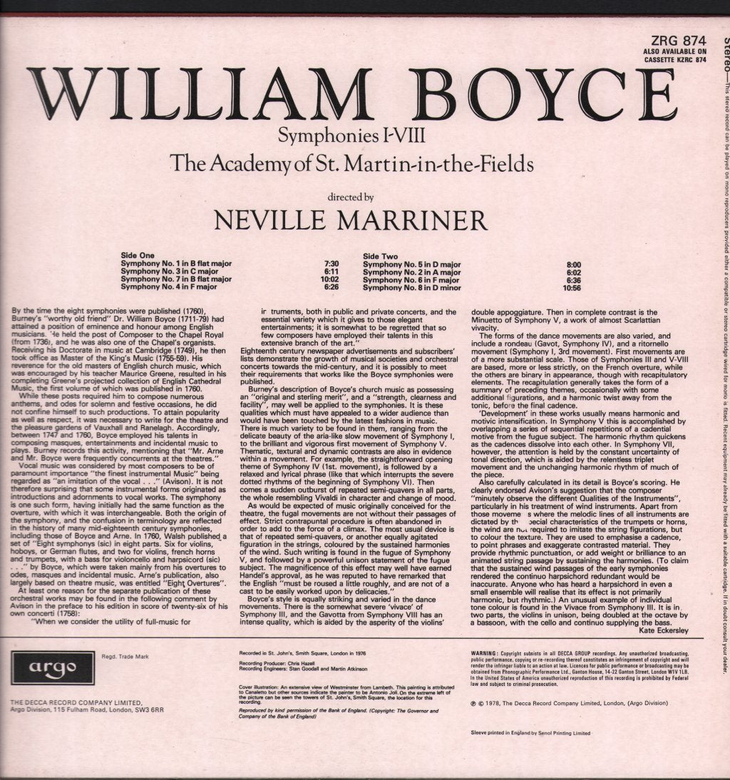 Neville Marriner / Academy Of St.Martin-In-The-Fields - William Boyce Symphonies 1-8 - Lp
