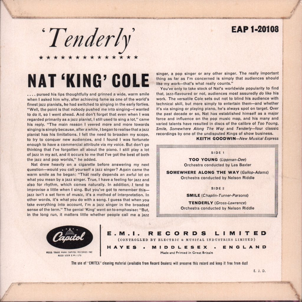 Nat King Cole - Tenderly - 7 Inch