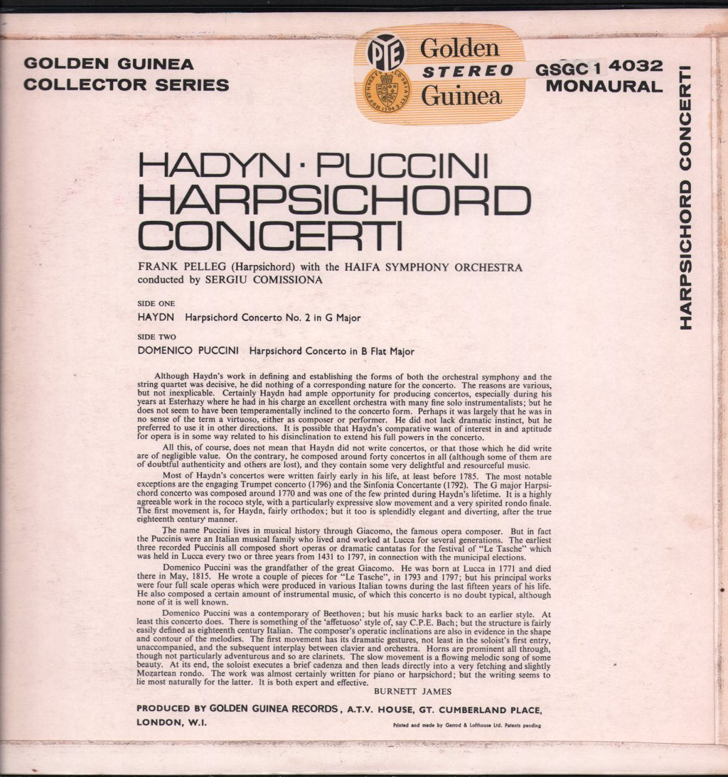 Frank Pelleg / Haifa Symphony Orchestra / Sergiu Comissiona - Haydn - Harpsichord Concerto No. 2 In G Major / Domenico Puccini - Harpsichord Concerto In B Flat Major - Lp