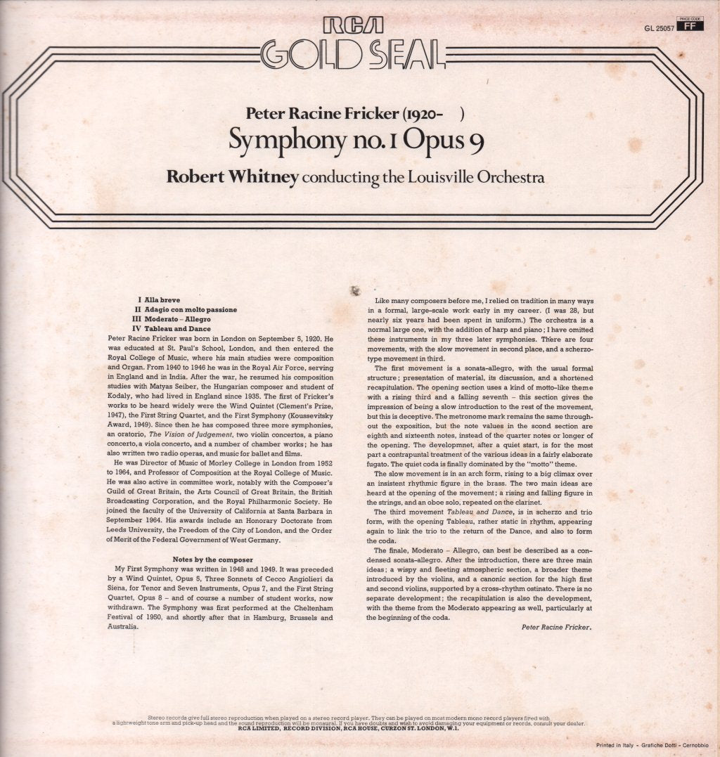 Peter Racine Fricker - Symphony No.1 - Lp