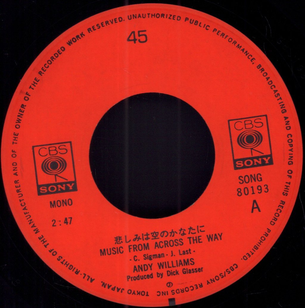 Andy Williams - Music From Across The Way - 7 Inch