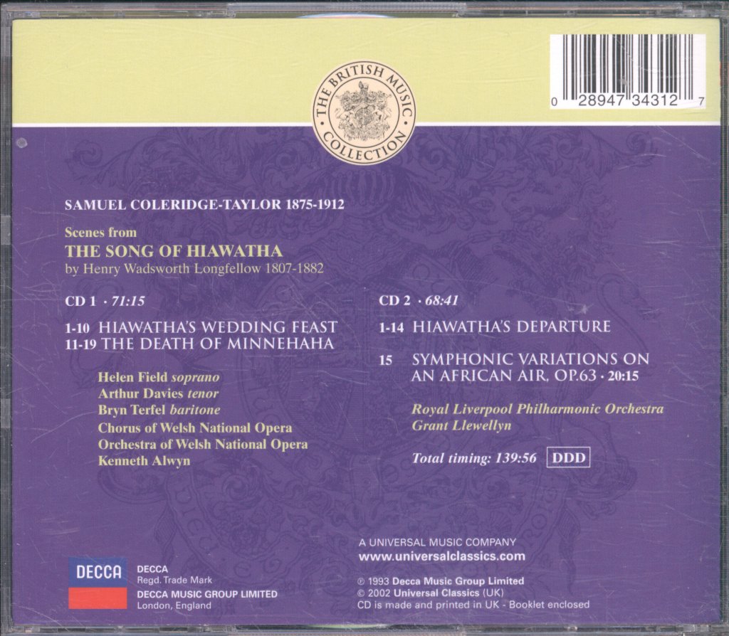 Orchestra & Chorus Of Welsh National Opera, Kenneth Alwyn - Song of Hiawatha / Symphonic Variations On An African Air - Double Cd