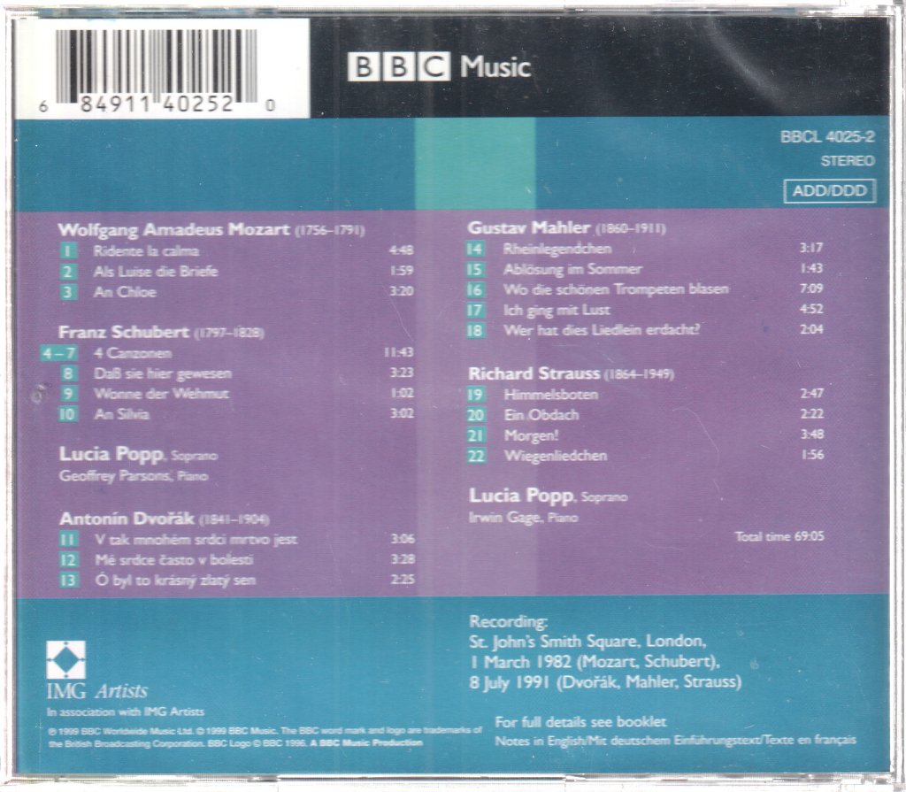 Lucia Popp, Geoffrey Parsons, Irwin Gage - Schubert · Mozart · Dvořák · R Strauss - Cd