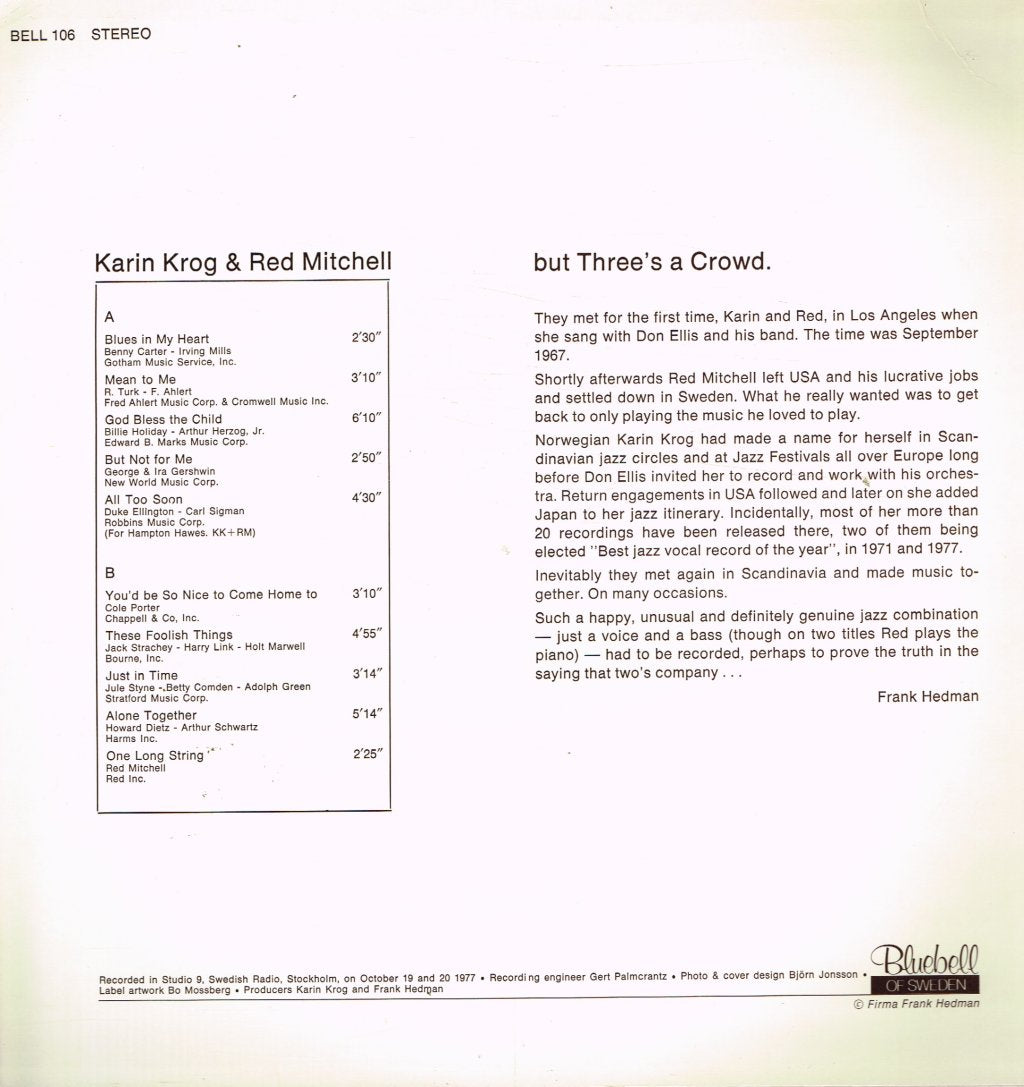 Karin Krog And Red Mitchell - But Three's A Crowd - Lp