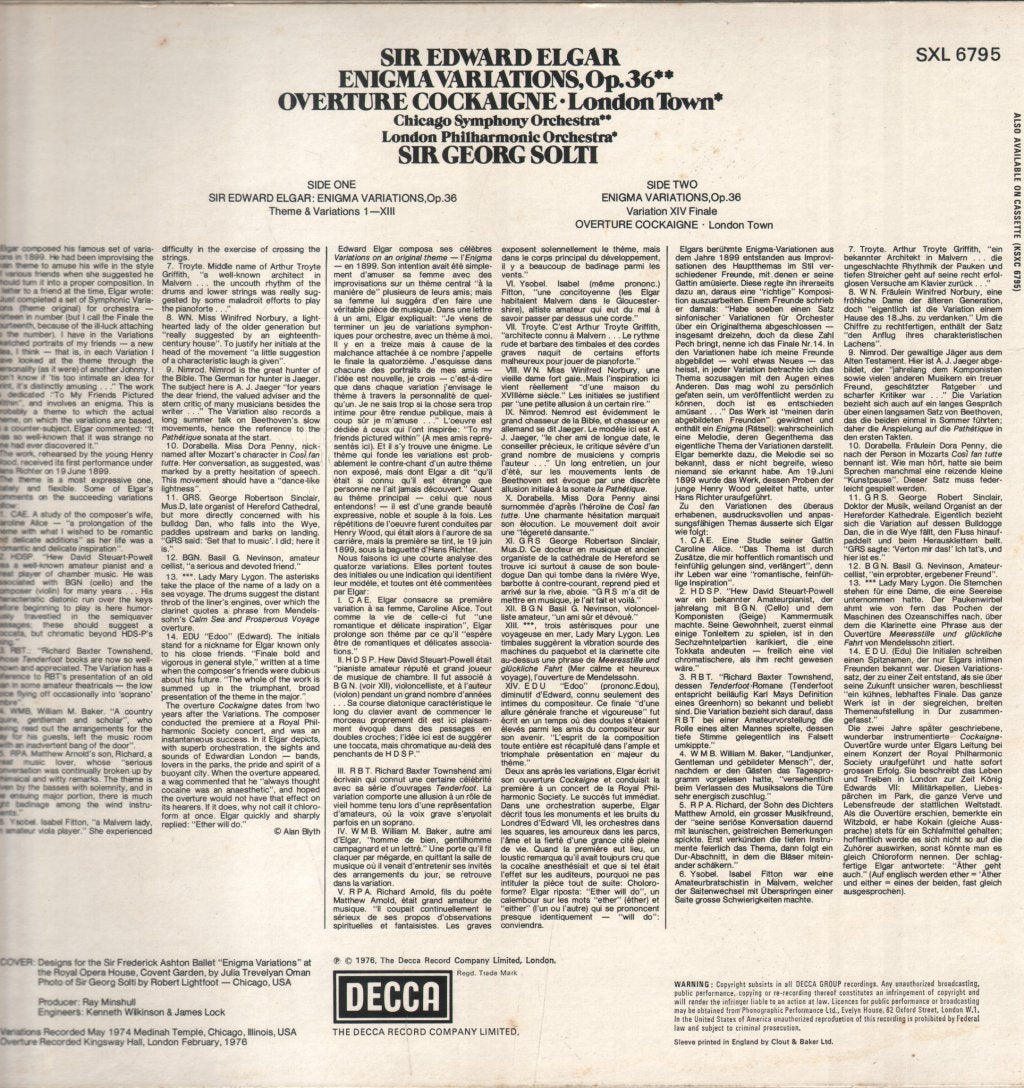 Sir Georg Solti / Chicago Symphony Orchestra / London Philharmonic Orchestra - Elgar - Enigma Variations / Overture Cockaigne / London Town - Lp